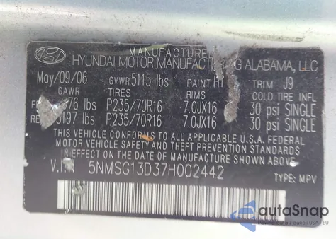 2007 Hyundai Santa Fe Gls z USA, uszkodzony, nr VIN 5NMSG13D37H002442